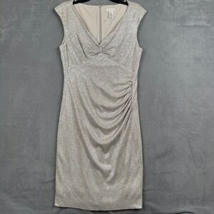 Cache Womens Silver Metallic Ruched Twist Front V-Neck Sheath Cocktail Dress 14